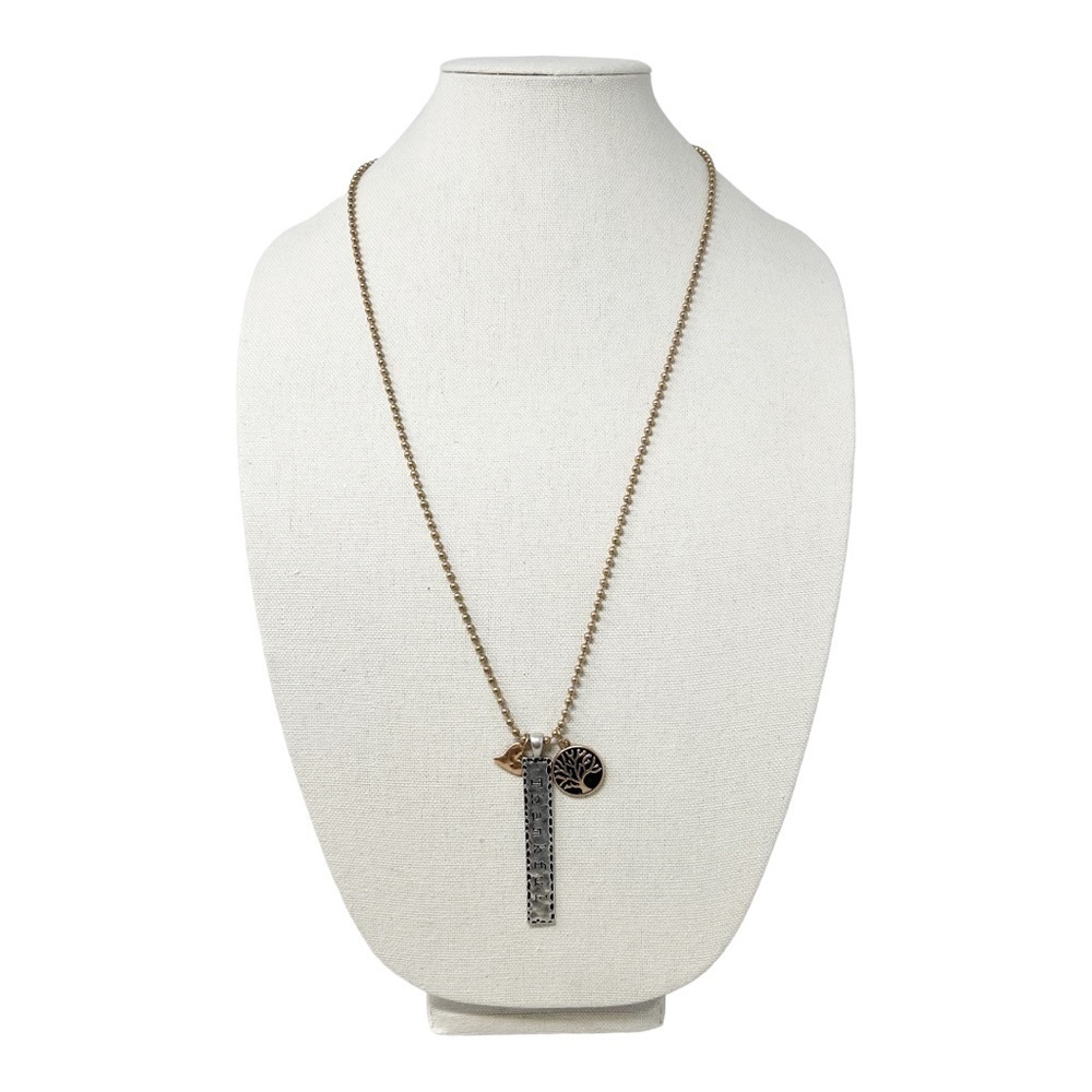 TWO TONE THANKFUL VERTICAL CHARM, TREE OF LIFE, HEART CHARM NECKLACE